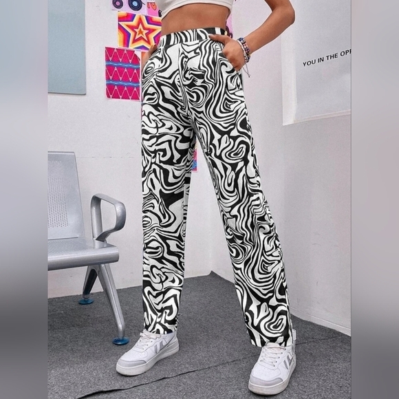 NWOT Shein High Waist Marble Print Straight Leg Pants - Size Large - Picture 1 of 5